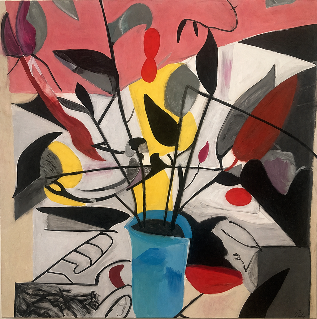 Still Life of Flowers Blue Vase by Robert Frankel — A lively bouquet in a brilliant blue vase. Angular planes meet soft petals, turning a quiet table scene…