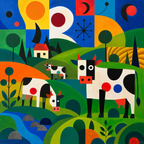 Sun, Moon, and Milk by Robert Frankel — Cows graze beneath an enormous celestial sky, joining the rhythms of farm life with the timeless movement of sun…