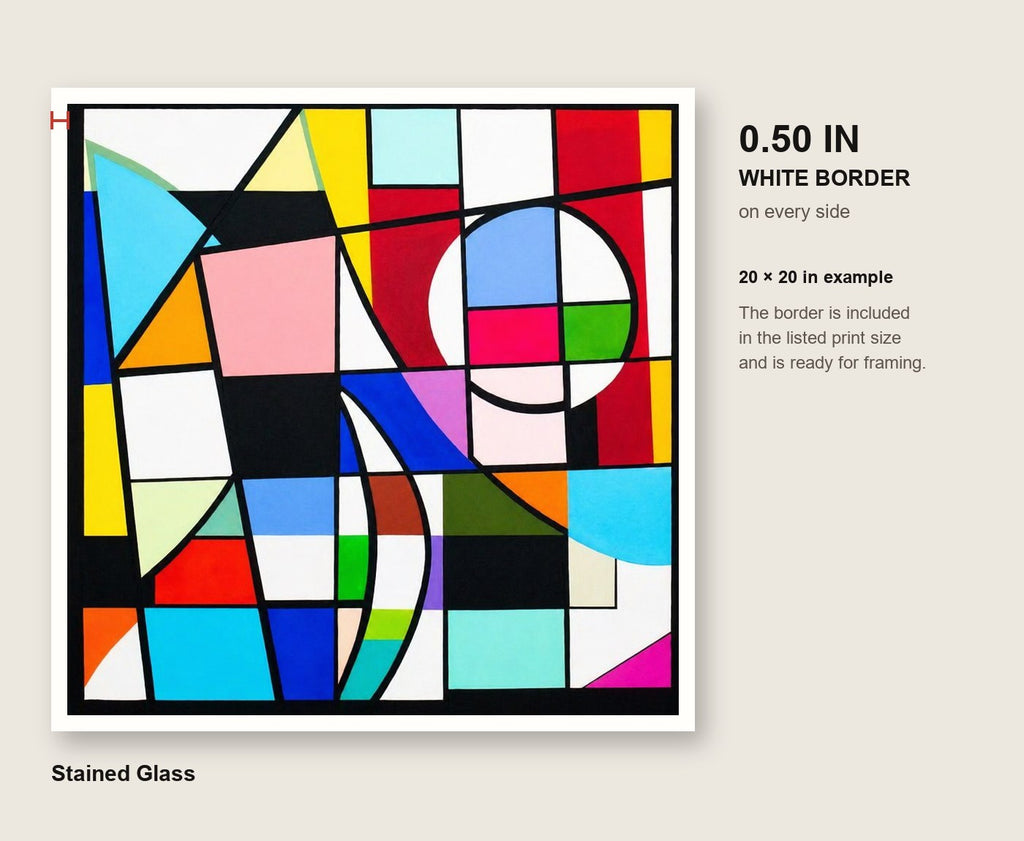 Stained Glass print showing the measured 0.50-inch white border included on every side