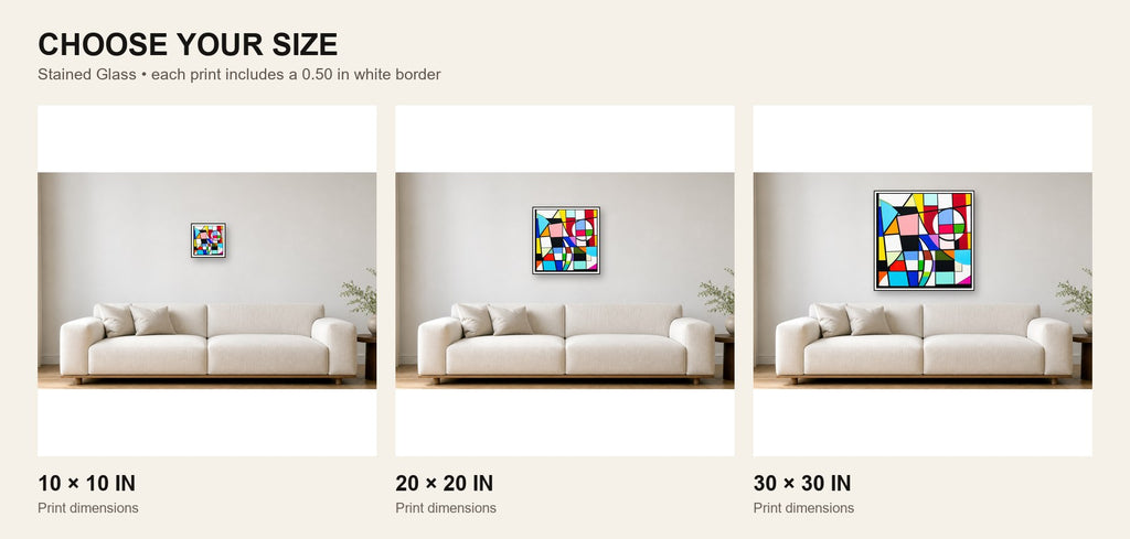 Stained Glass print size comparison showing 10 × 10, 20 × 20, and 30 × 30 inch options