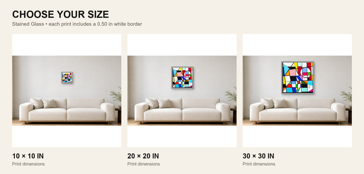 Stained Glass print size comparison showing 10 × 10, 20 × 20, and 30 × 30 inch options