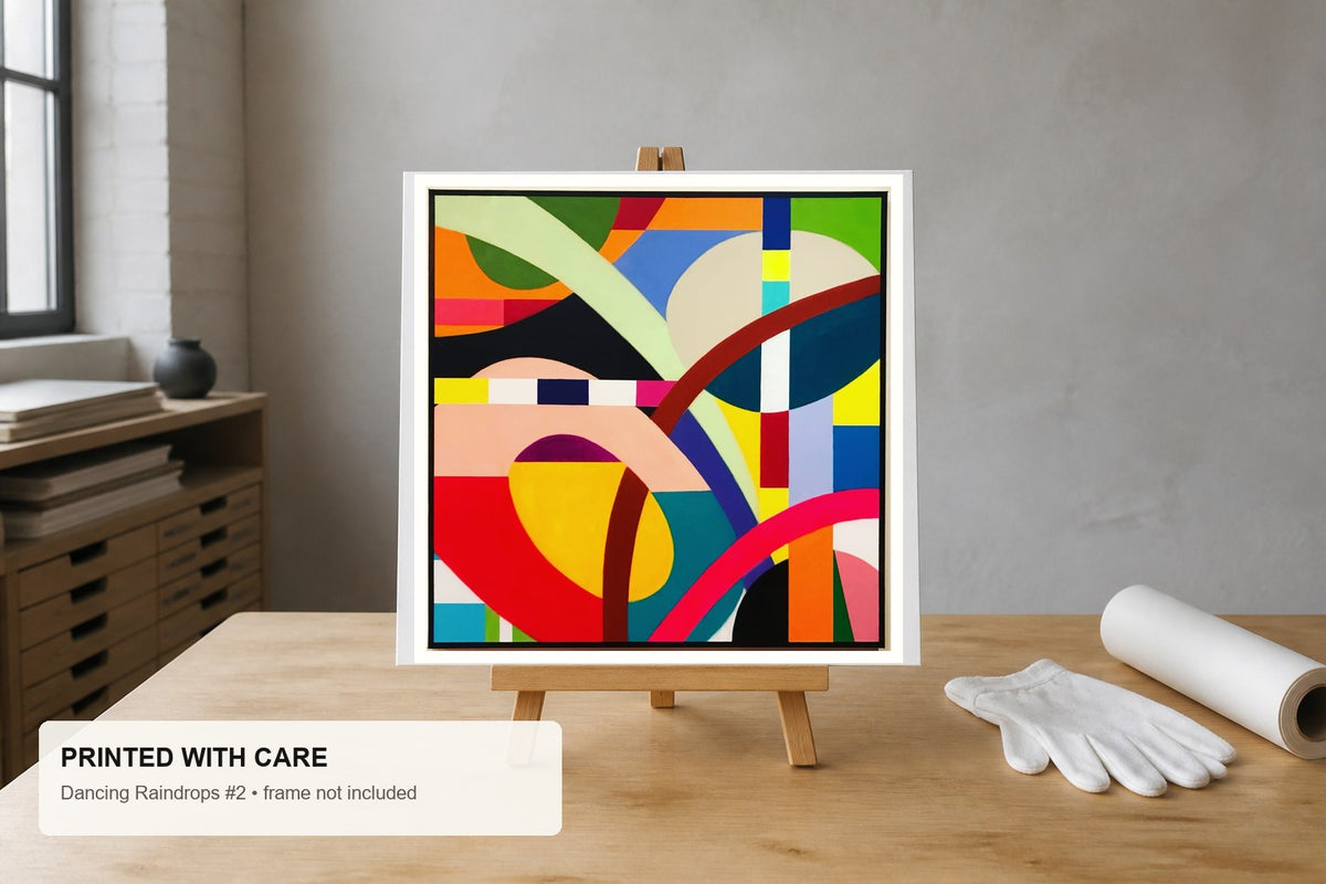 Dancing Raindrops #2 fine art print displayed unframed in an artist studio