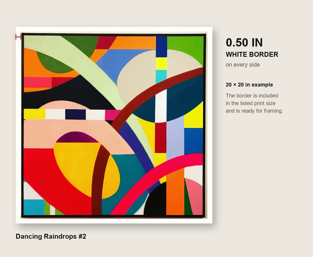 Dancing Raindrops #2 print showing the measured 0.50-inch white border included on every side