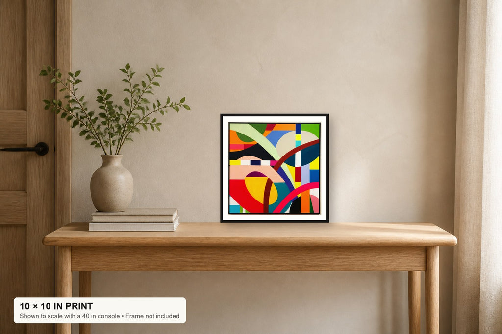 Dancing Raindrops #2 fine art print displayed at 10 × 10 inches on a 40-inch console for scale