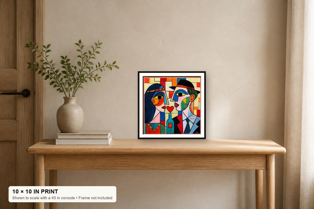 Love Potion fine art print displayed at 10 × 10 inches on a 40-inch console for scale