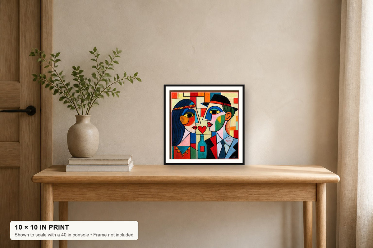 Love Potion fine art print displayed at 10 × 10 inches on a 40-inch console for scale