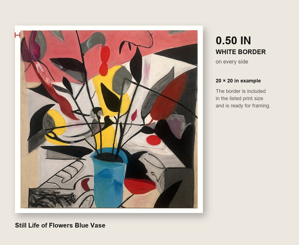 Still Life of Flowers Blue Vase print showing the measured 0.50-inch white border included on every side
