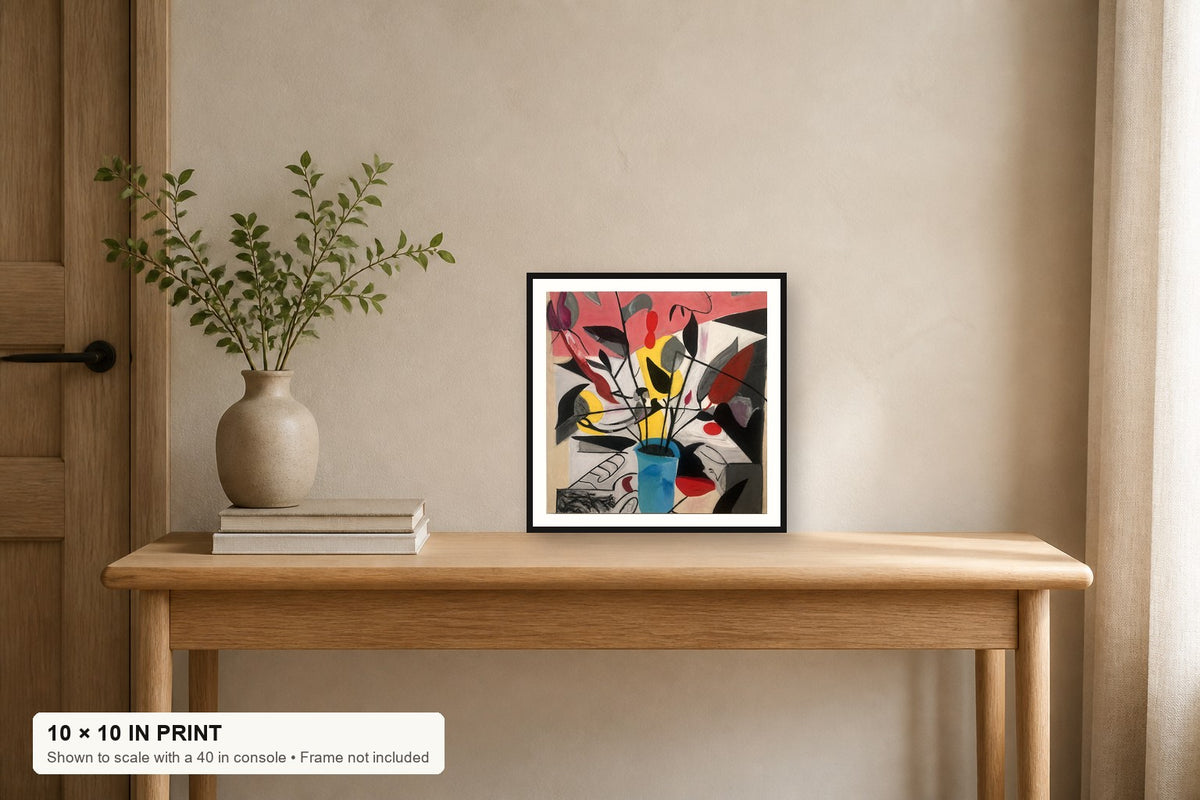 Still Life of Flowers Blue Vase fine art print displayed at 10 × 10 inches on a 40-inch console for scale