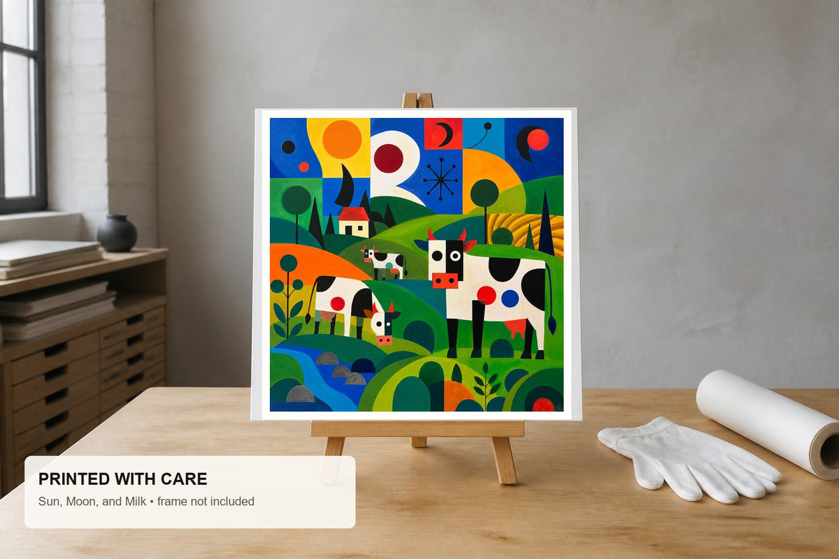 Sun, Moon, and Milk fine art print displayed unframed in an artist studio
