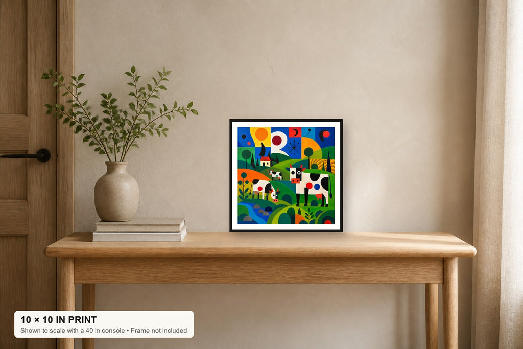 Sun, Moon, and Milk fine art print displayed at 10 × 10 inches on a 40-inch console for scale